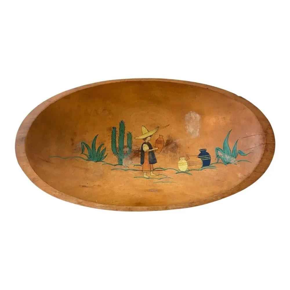 ⁠1930s VTG HandPainted Wood DoughBowl Mexican Southwestern Cactus 17